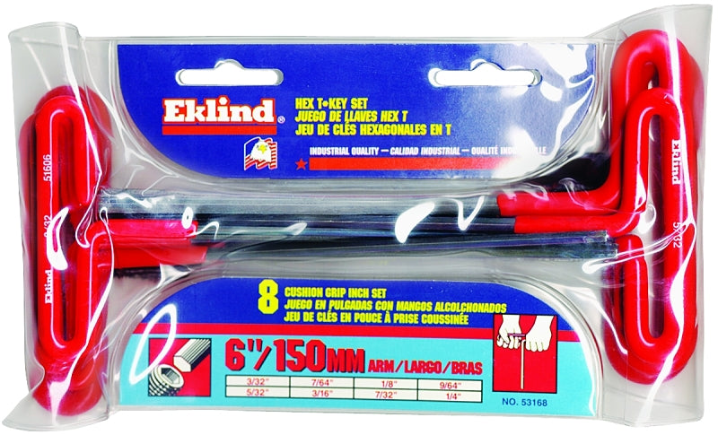 Eklind 53168 Hex T-Key Set with Pouch, 8-Piece, Alloy Steel, Black, Specifications: T-Handle
