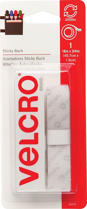 VELCRO Brand 90079 Hook and Loop Fastener, 3/4 in W, 18 in L, Nylon, White, Rubber Adhesive