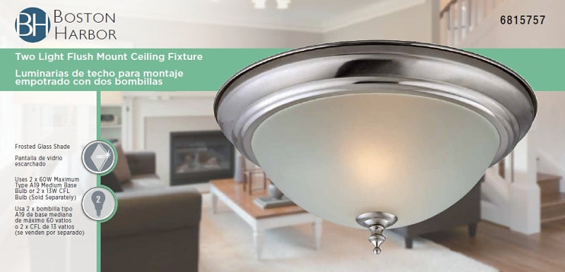 Boston Harbor F51WH02-1005-BN Flush-Mount Ceiling Fixture, 120 V, 60 W, 2-Lamp, CFL Lamp, Brushed Nickel Fixture