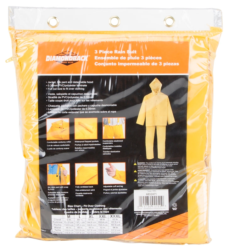 Diamondback SRS3/111-XXL Rain Suit, 2XL, 31 in Inseam, Polyester/PVC, Yellow, Comfortable Corduroy Collar
