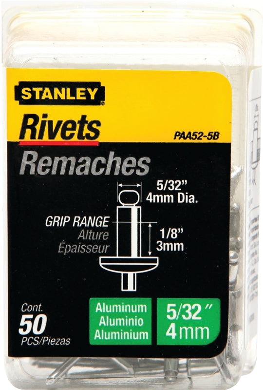 STANLEY PAA52-5B Pop Rivet, Reusable, 1/8 in Grip, 5/32, Aluminum, 50/PK