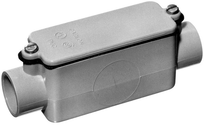 Carlon E987G-CAR Conduit Body, 2-Hub, 1-1/4 in Hub, PVC, Gray