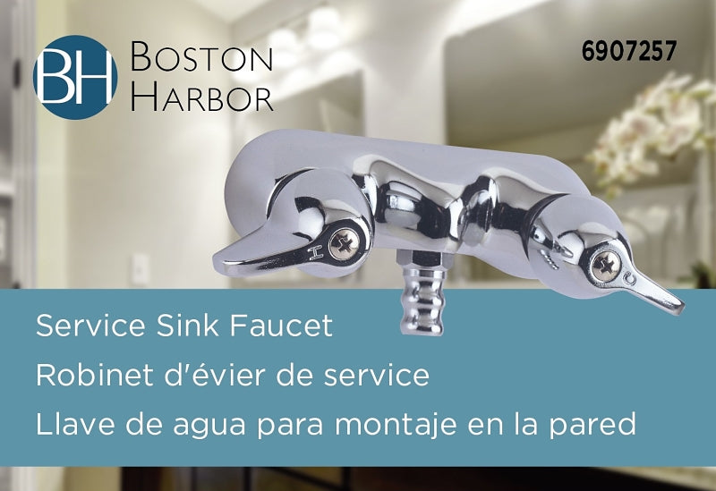 Boston Harbor RS207 Bath Faucet, 2-Handle, Lever Handle, Brass, Chrome Plated, Wall Mounting, Round Spout