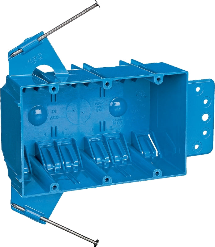 Carlon B344AB-UPC Outlet Box, 3-Gang, PVC, Blue, Captive Nail, Bracket