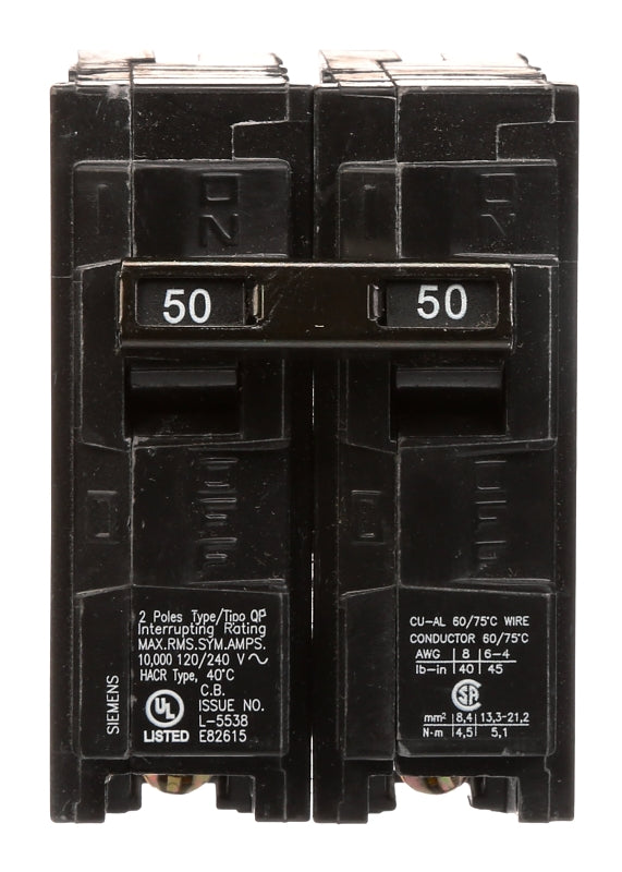 Siemens Q250 Circuit Breaker, Mini, 50 A, 2 -Pole, 120/240 V, Fixed Trip, Plug Mounting