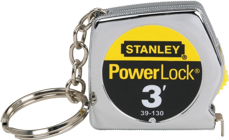 STANLEY PowerLock 39-130 Tape Measure, 3 ft L Blade, 1/4 in W Blade, Steel Blade, ABS Case, Chrome Case