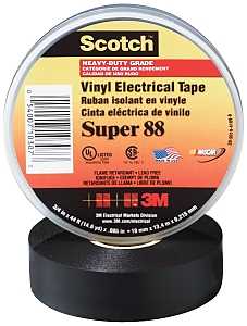 Scotch 88 Electrical Tape, 66 ft L, 3/4 in W, PVC Backing, Black, 73 deg F