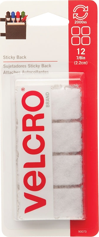 VELCRO Brand 90073 Hook and Loop Fastener, 7/8 in W, 7/8 in L, Nylon, White, Rubber Adhesive