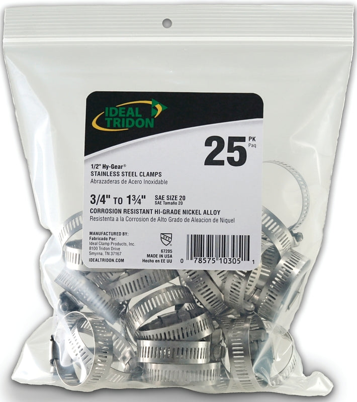 Ideal-Tridon Hy-Gear 67-6 Series 6720550 Worm Gear Hose Clamp, #20, 3/4 to 1-3/4 in, Stainless Steel