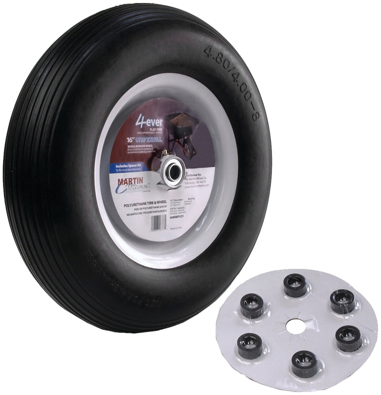 MARTIN Wheel 408RBPU31 Wheelbarrow Wheel with Universal Hub, 4.8 x 4/8 in Tire, 16 in , Ribbed Tread, Flat Free
