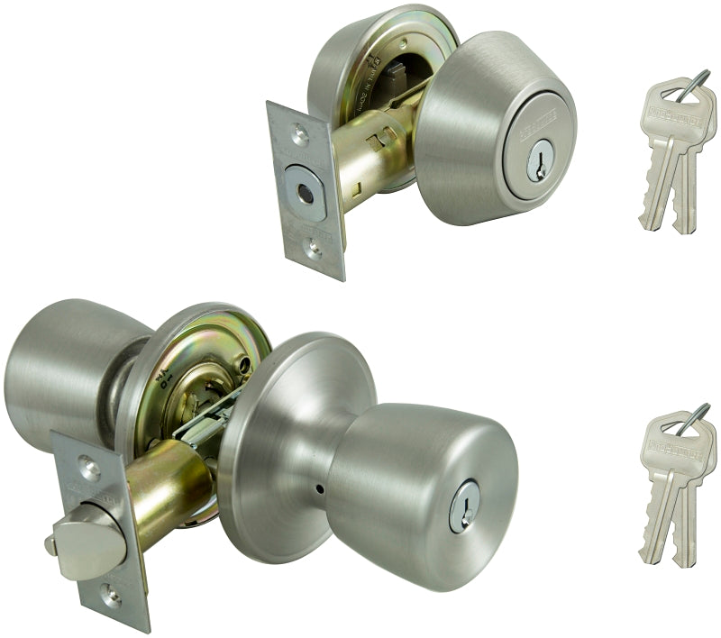ProSource BS6B1-PS Deadbolt and Entry Lockset, Turn Button Lock, Knob Handle, Tulip Design, Stainless Steel, 3 Grade, Pack of 2
