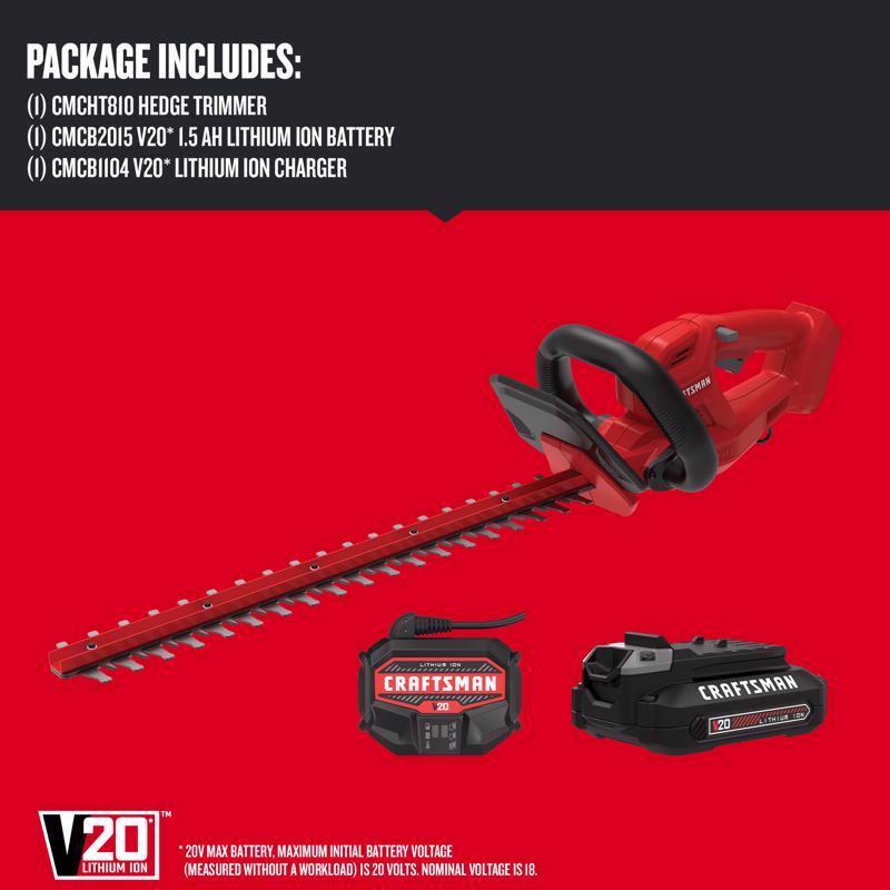 Craftsman V20 CMCHT810C1 20 in. 20 V Battery Hedge Trimmer Kit (Battery & Charger)