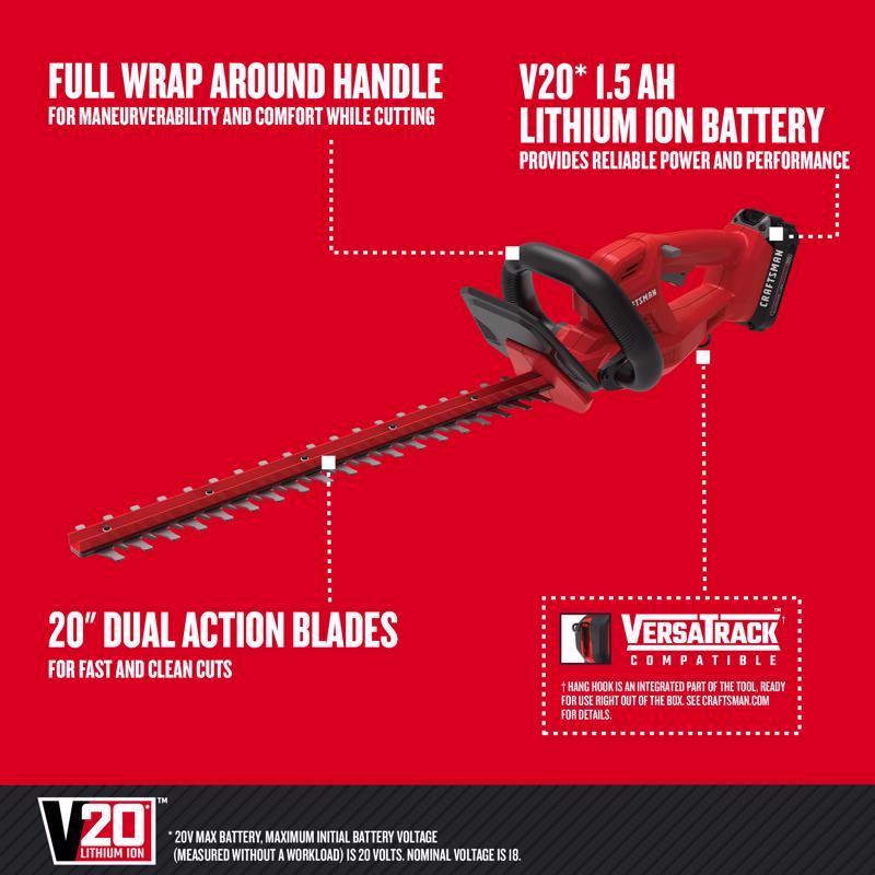 Craftsman V20 CMCHT810C1 20 in. 20 V Battery Hedge Trimmer Kit (Battery & Charger)