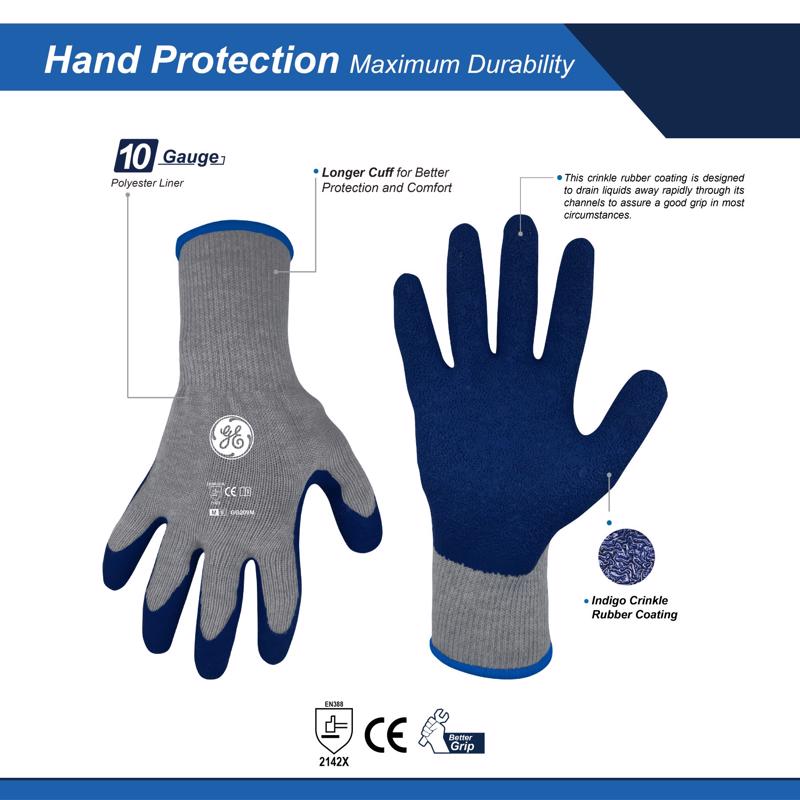 General Electric Unisex Crinkle Dipped Gloves Blue/Gray M 1 pair