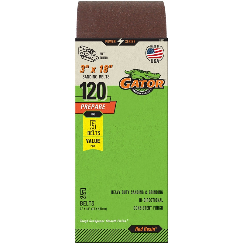Gator 7030 Sanding Belt, 18 in L, 3 in W, 120 Grit, Fine, Aluminum Oxide Abrasive