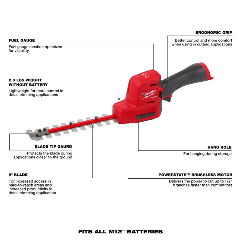 Milwaukee M12 FUEL 2533-20 8 in. 12 V Battery Hedge Trimmer Tool Only