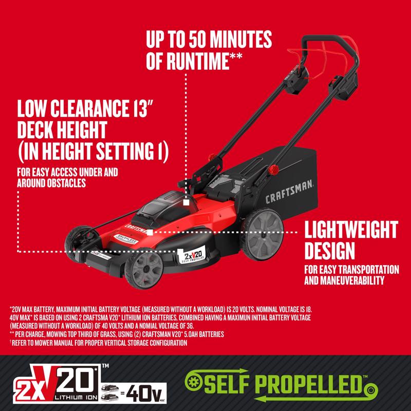 Craftsman V20 2x20V CMCMWSP220P2 20 in. Battery Self-Propelled Lawn Mower Kit (Battery & Charger)