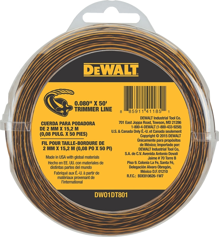 DEWALT DWO1DT801 Trimmer Line, 0.08 in Dia, 50 ft L, Yellow