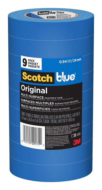 ScotchBlue 2090-24A-CP Painter's Tape, 60 yd L, 1 in W, Crepe Paper Backing, Blue