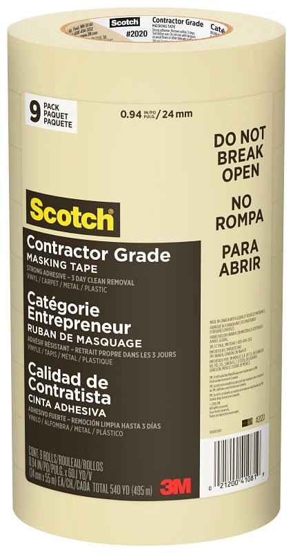 Scotch 2020-24A-CP Masking Tape, 60 yd L, 0.94 in W, 0.005 in Thick, Paper Backing, Beige