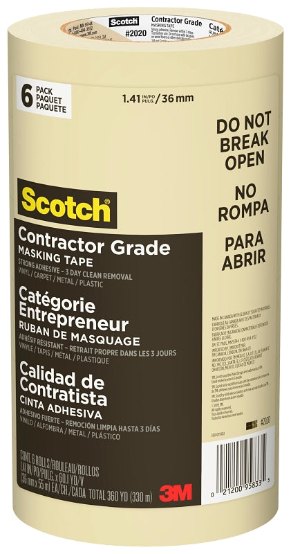 Scotch 2020-36A-CP Masking Tape, 60 yd L, 1.41 in W, 0.005 in Thick, Paper Backing, Beige