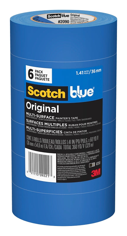 ScotchBlue 2090-36A-CP Painter's Tape, 5 mil Thick, 25 in-oz Adhesion, 60 yd L, 1-1/2 in W, Crepe Paper Backing, Blue