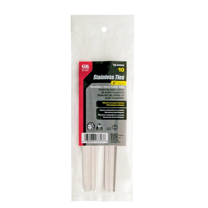 Gardner Bender 45-306SS Cable Tie, 1-1/2 in Max Bundle Dia, Self-Locking Locking, 304 Stainless Steel, Silver