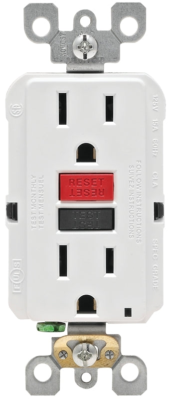 Leviton R72-GFNT1-0RW GFCI Duplex Receptacle, Polycarbonate, White, 2-Pole, 15 A, 125 V, 3-Wire