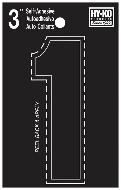 Hy-Ko 30400 Series 30401 Die-Cut Number, Character: 1, 3 in H Character, Black Character, Vinyl, Pack of 10