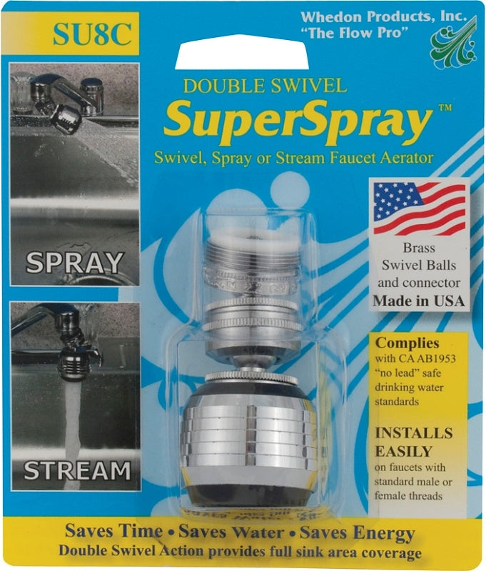 Whedon SU8C Double Swivel Faucet Aerator, 15/16-27 x 55/64-27 Male x Female, Brass, Chrome-Plated, 2.2 gpm