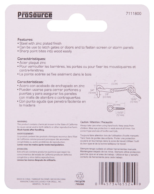 ProSource LR-410-PS Gate Hook and Eye, 1/8 in Dia Wire, Steel