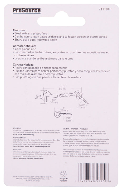 ProSource LR-411-PS Gate Hook and Eye, 1/8 in Dia Wire, Steel