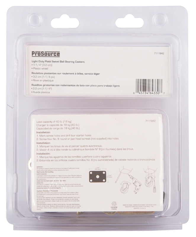 ProSource JC-B02-PS Swivel Caster, 1-1/4 in Dia Wheel, 1/2 in W Wheel, Plastic Wheel, Black, 40 lb