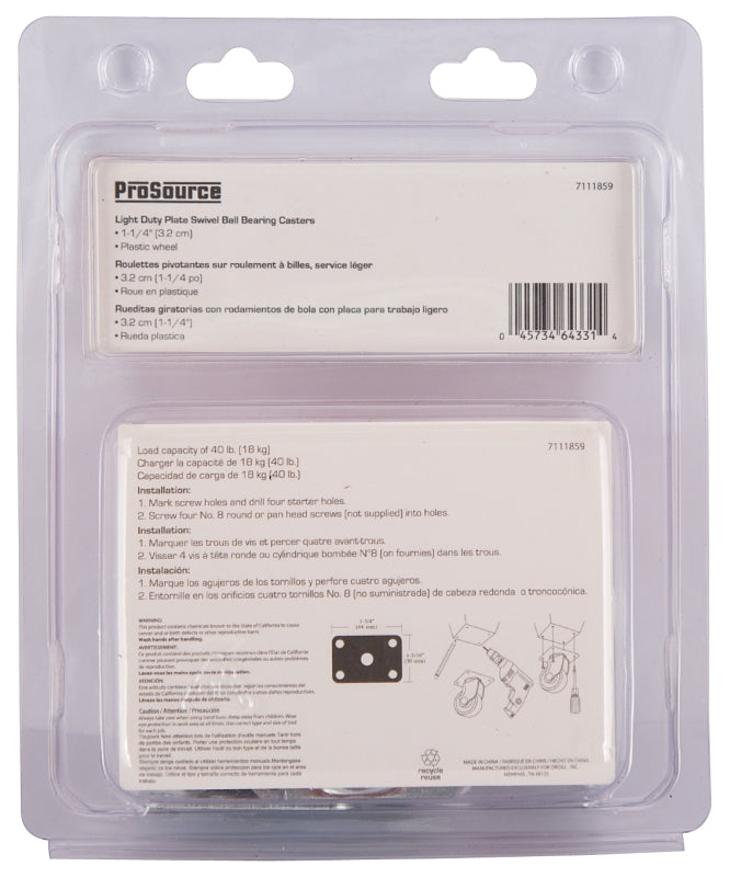 ProSource JC-B03-PS Swivel Caster, 1-1/4 in Dia Wheel, 16 mm W Wheel, Plastic Wheel, White, 40 lb