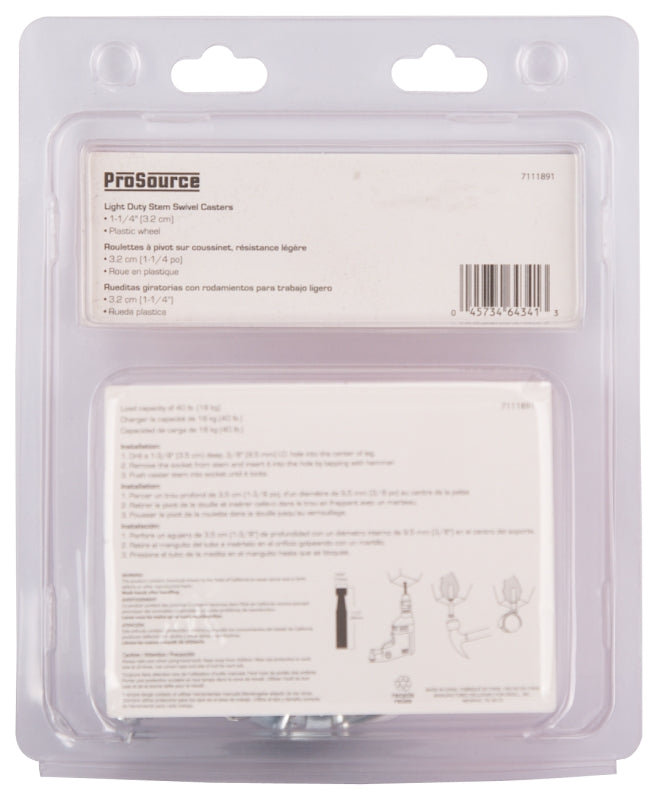 ProSource JC-B07-PS Swivel Caster, 1-1/4 in Dia Wheel, 1-1/4 in W Wheel, White, 40 lb, Steel Housing Material