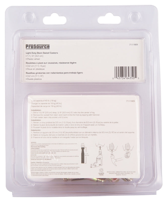 ProSource JC-B08-PS Swivel Caster, 1-1/4 in Dia Wheel, 1-1/4 in W Wheel, White, 40 lb, Steel Housing Material