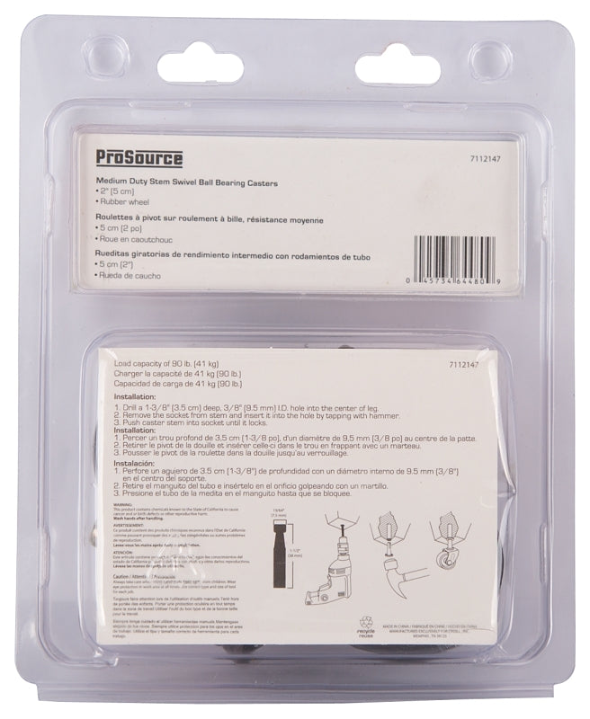 ProSource JC-D08-PS Swivel Caster, 2 in Dia Wheel, 2 in W Wheel, Rubber Wheel, Black, 90 lb, Steel Housing Material