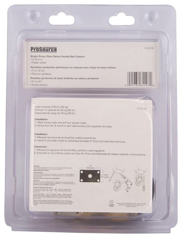 ProSource JC-E03-PS Ball Caster, 2 in Dia Wheel, 2 in W Wheel, PP Wheel, Black, 80 lb, Steel Housing Material