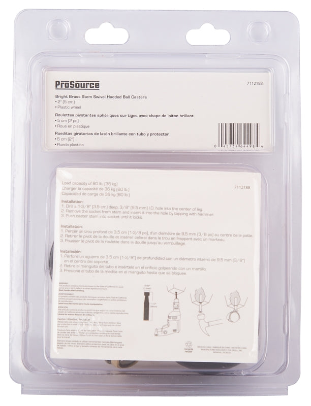 ProSource JC-E04-PS Caster, 2 in Dia Wheel, 2 in W Wheel, Black, 80 lb, Steel Housing Material