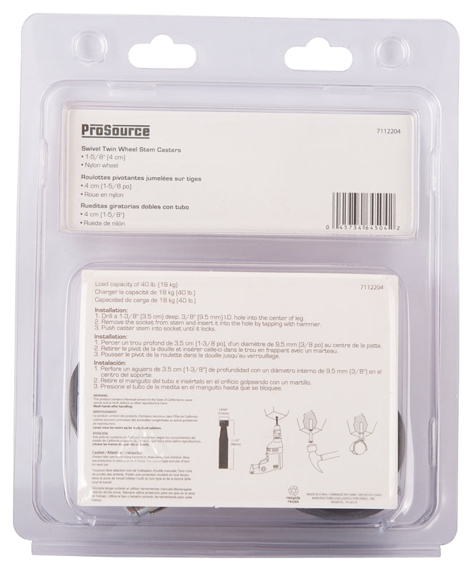 ProSource JC-F02-PS Caster, 1-5/8 in Dia Wheel, 1-5/8 in W Wheel, Nylon Wheel, Black, 40 lb, Nylon Housing Material