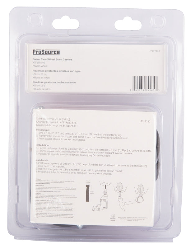 ProSource JC-F07-PS Caster, 2 in Dia Wheel, 2 in W Wheel, Nylon Wheel, Black, 75 lb, Nylon Housing Material