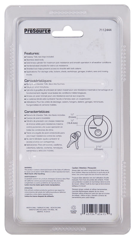 ProSource YB0070 Security Lock, 1/2 in Dia Shackle, 1 in H Shackle, Steel Shackle, Stainless Steel Body, Stainless Steel