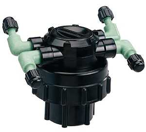 Orbit 67005 Manifold, 1/2 x 1/4 in Connection, Thread x Barb, 4-Port, 1/4 in Tubing, Plastic, Black
