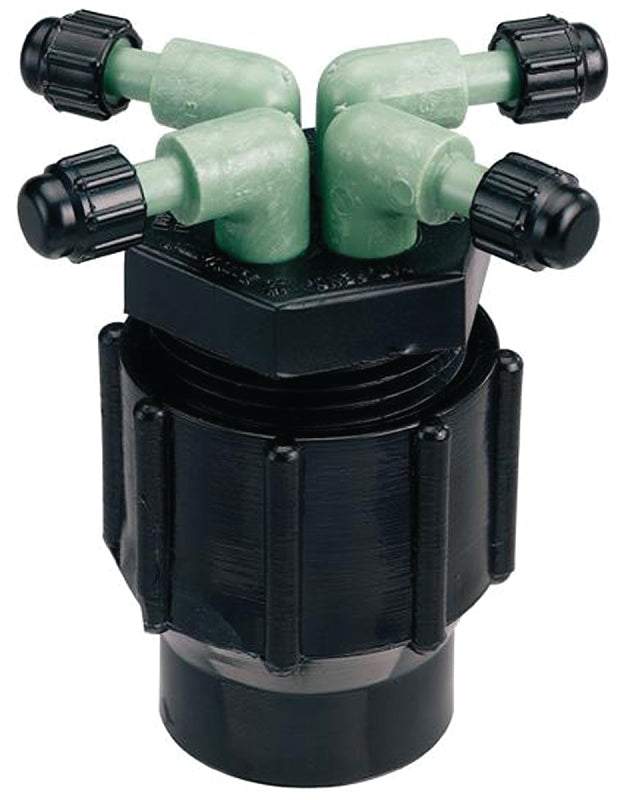 Orbit 67025 Manifold, 1/2 x 1/4 in Connection, Thread x Barb, 1/4 in Tubing, Plastic, Black
