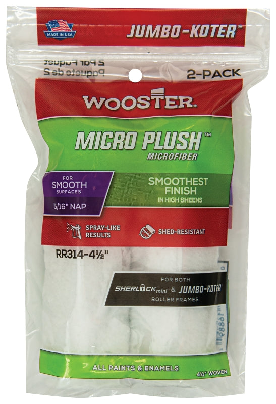 Wooster Micro Plush RR314-4 1/2 Roller Cover, 5/16 in Thick Nap, 4-1/2 in L, Microfiber Cloth Cover, White