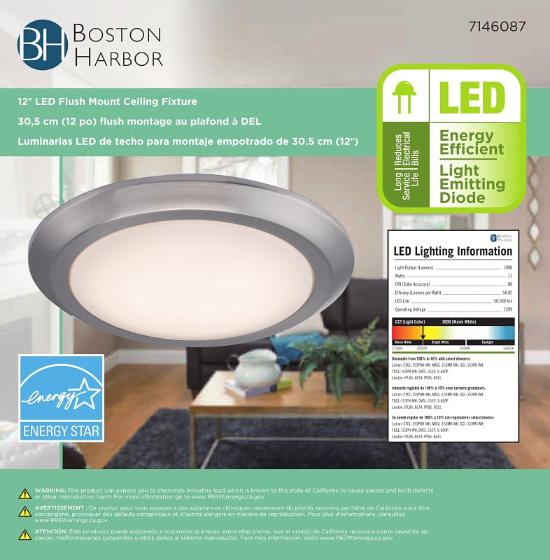 Boston Harbor CL006AC1215-12 Flush-Mount Ceiling Fixture, 120 V, 17 W, 1-Lamp, LED Lamp, 1200 Lumens, 3000 K Color Temp