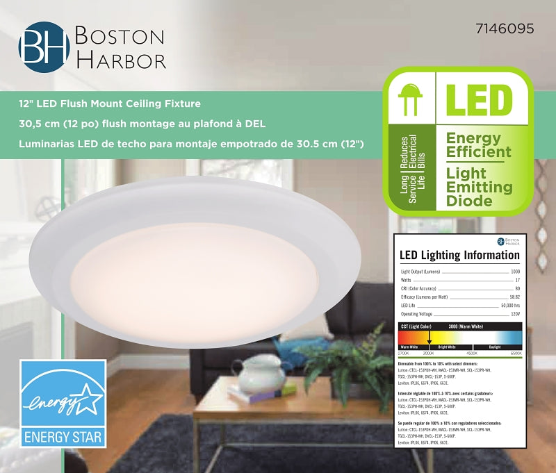 Boston Harbor CL006AC1215-16 Flush-Mount Ceiling Fixture, 120 V, 17 W, 1-Lamp, LED Lamp, 1200 Lumens, 3000 K Color Temp