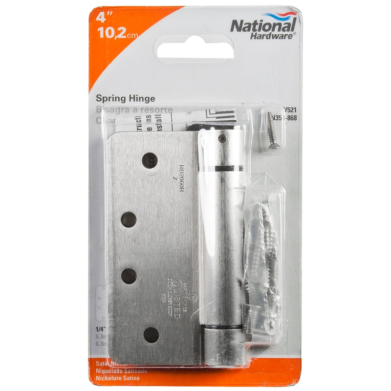 National Hardware N350-868 Spring Hinge, 4 in L, Steel, Satin Nickel, 8-Mounting Hole, 37 lb
