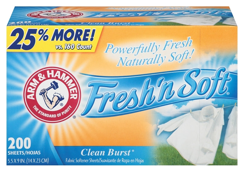 Arm & Hammer Fresh'n Soft 14997 Dryer Sheet, 13-1/2 in L, 7-1/4 in W, Clean Burst, Pack of 6