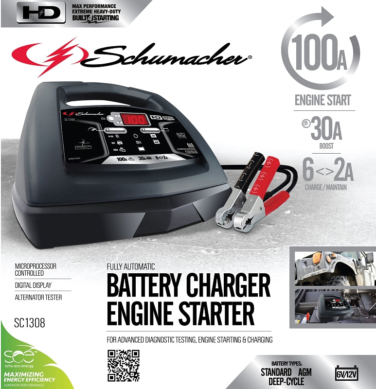 Schumacher SC1308 Battery Charger/Engine Starter, 4 A Continuous, 19 A Intermittent Input, 6/12 V Output, AGM Battery